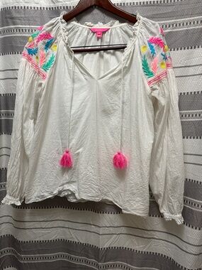 Brighton White Peasant Tunic with Neon Pink Tassels and Multicolor Embroidery